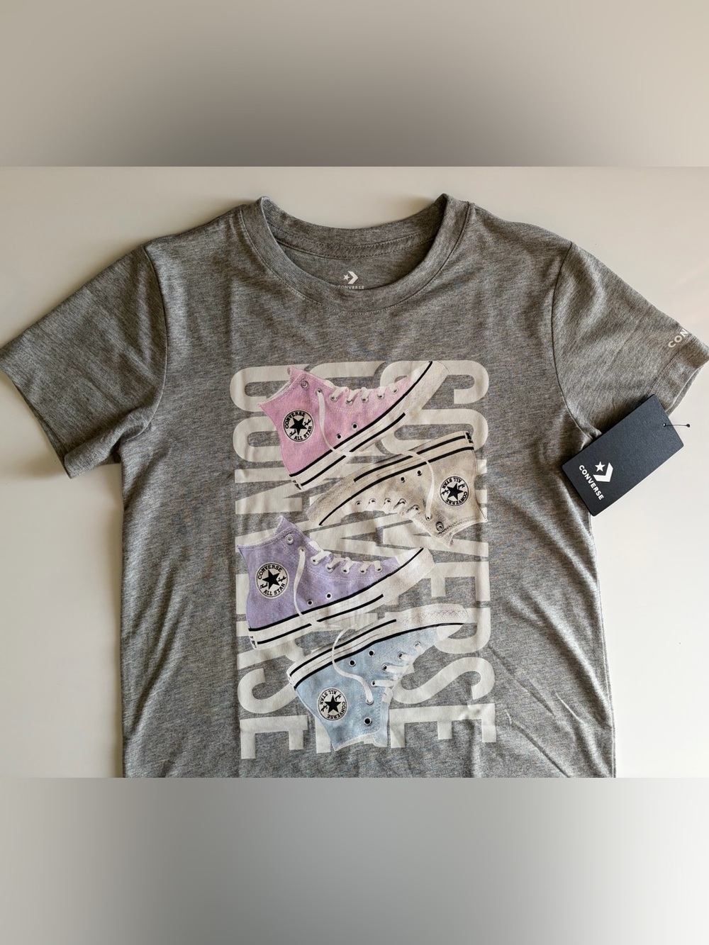 Converse Gray Tee with Pink, Purple and Light Blue Sneaker Graphic